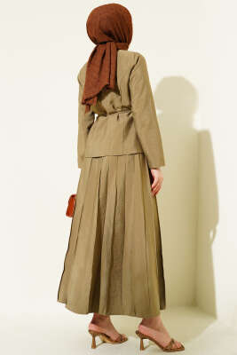 Gold Düğmeli Pileli Etekli İkili Takım Yağ Yeşili - İkili Takım