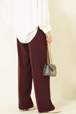 Gold Düğmeli Pileli Palazzo Pantolon Bordo - Pantolon