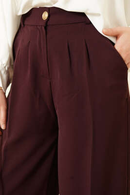 Gold Düğmeli Pileli Palazzo Pantolon Bordo - Pantolon