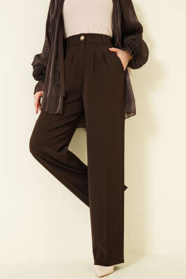 Gold Düğmeli Pileli Palazzo Pantolon Kahve - MİSS PERRY
