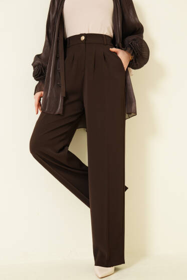 Gold Düğmeli Pileli Palazzo Pantolon Kahve - Pantolon