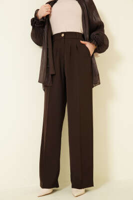 Gold Düğmeli Pileli Palazzo Pantolon Kahve - Pantolon