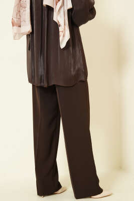 Gold Düğmeli Pileli Palazzo Pantolon Kahve - Pantolon