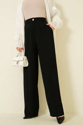 Gold Düğmeli Pileli Palazzo Pantolon Siyah - MİSS PERRY