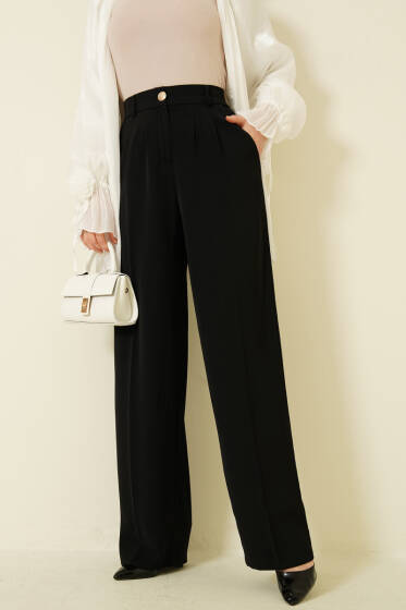 Gold Düğmeli Pileli Palazzo Pantolon Siyah - Pantolon
