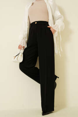 Gold Düğmeli Pileli Palazzo Pantolon Siyah - Pantolon