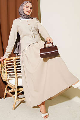 Gold Düğmeli Poliviskon Etekli Takım Bej - NESSİA