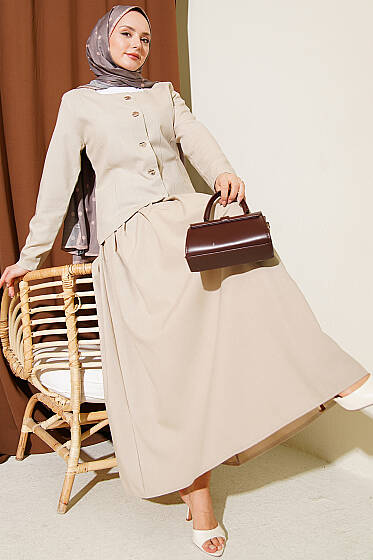 Gold Düğmeli Poliviskon Etekli Takım Bej - İkili Takım