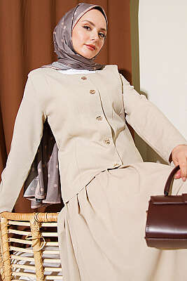 Gold Düğmeli Poliviskon Etekli Takım Bej - İkili Takım