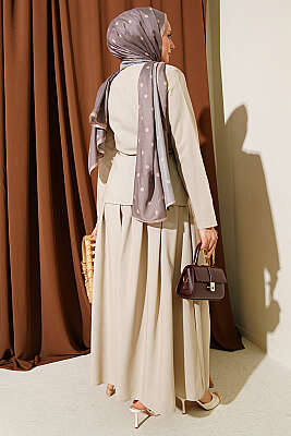 Gold Düğmeli Poliviskon Etekli Takım Bej - İkili Takım