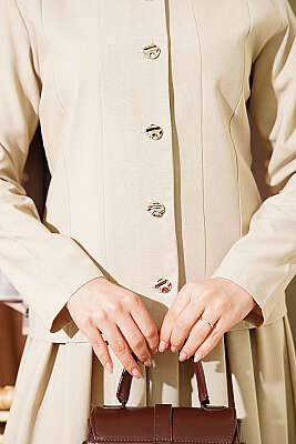 Gold Düğmeli Poliviskon Etekli Takım Bej - İkili Takım