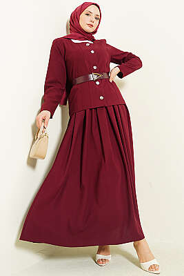 Gold Düğmeli Poliviskon Etekli Takım Bordo - NESSİA