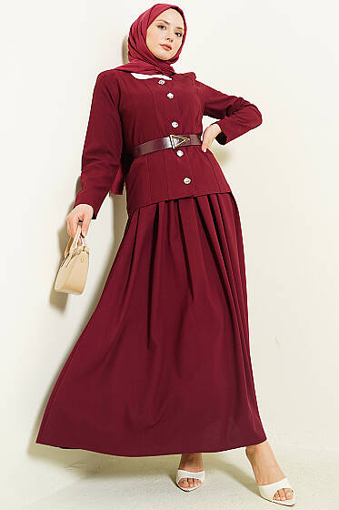 Gold Düğmeli Poliviskon Etekli Takım Bordo - İkili Takım