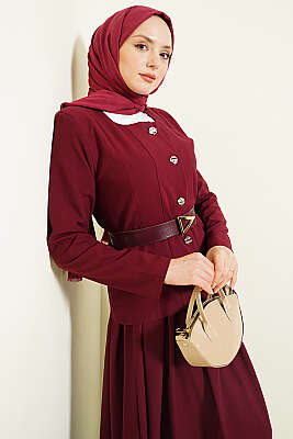 Gold Düğmeli Poliviskon Etekli Takım Bordo - İkili Takım