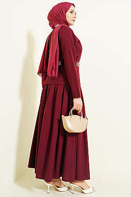 Gold Düğmeli Poliviskon Etekli Takım Bordo - İkili Takım