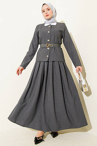 Gold Düğmeli Poliviskon Etekli Takım Füme - İkili Takım