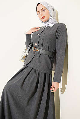 Gold Düğmeli Poliviskon Etekli Takım Füme - İkili Takım