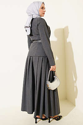 Gold Düğmeli Poliviskon Etekli Takım Füme - İkili Takım