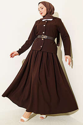 Gold Düğmeli Poliviskon Etekli Takım Kahve - NESSİA