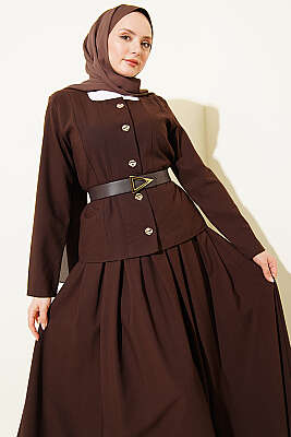 Gold Düğmeli Poliviskon Etekli Takım Kahve - İkili Takım