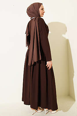 Gold Düğmeli Poliviskon Etekli Takım Kahve - İkili Takım