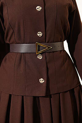 Gold Düğmeli Poliviskon Etekli Takım Kahve - İkili Takım