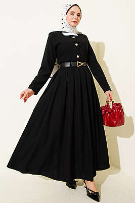 Gold Düğmeli Poliviskon Etekli Takım Siyah - NESSİA