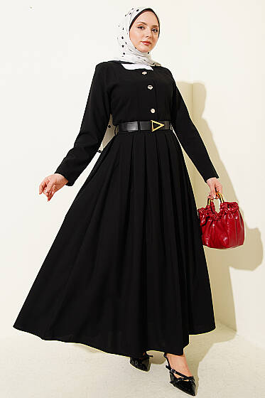 Gold Düğmeli Poliviskon Etekli Takım Siyah - İkili Takım