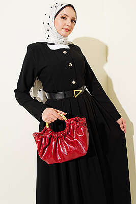 Gold Düğmeli Poliviskon Etekli Takım Siyah - İkili Takım