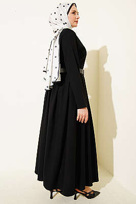 Gold Düğmeli Poliviskon Etekli Takım Siyah - İkili Takım