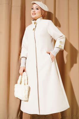 Gold Düğmeli Ribanalı Kaşe Kaban Bej - BERAT TEKSTİL