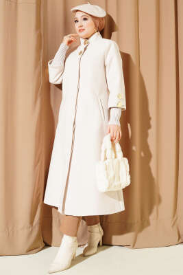 Gold Düğmeli Ribanalı Kaşe Kaban Bej - Kaban