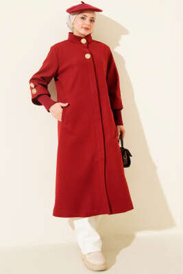 Gold Düğmeli Ribanalı Kaşe Kaban Bordo - BERAT TEKSTİL