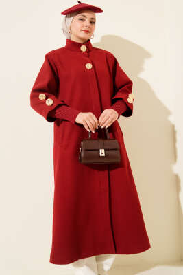 Gold Düğmeli Ribanalı Kaşe Kaban Bordo - Kaban