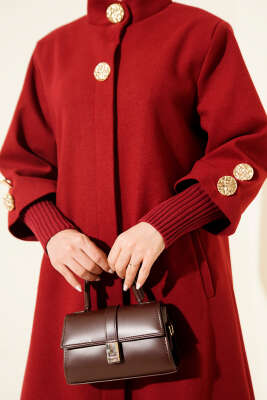 Gold Düğmeli Ribanalı Kaşe Kaban Bordo - Kaban