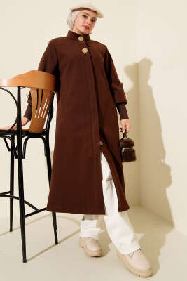 Gold Düğmeli Ribanalı Kaşe Kaban Kahve - BERAT TEKSTİL