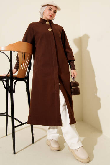 Gold Düğmeli Ribanalı Kaşe Kaban Kahve - Kaban