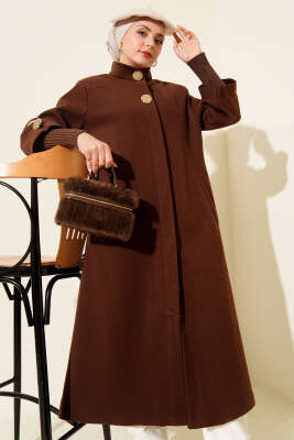 Gold Düğmeli Ribanalı Kaşe Kaban Kahve - Kaban