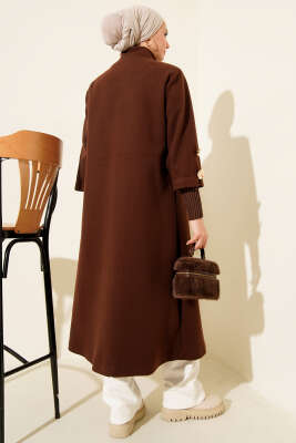 Gold Düğmeli Ribanalı Kaşe Kaban Kahve - Kaban