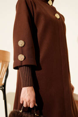 Gold Düğmeli Ribanalı Kaşe Kaban Kahve - Kaban