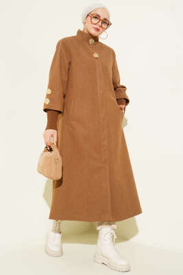 Gold Düğmeli Ribanalı Kaşe Kaban Latte - BERAT TEKSTİL