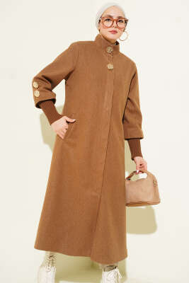 Gold Düğmeli Ribanalı Kaşe Kaban Latte - Kaban