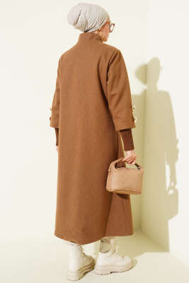 Gold Düğmeli Ribanalı Kaşe Kaban Latte - Kaban