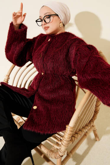 Gold Düğmeli Sakallı Kaban Bordo - Kaban