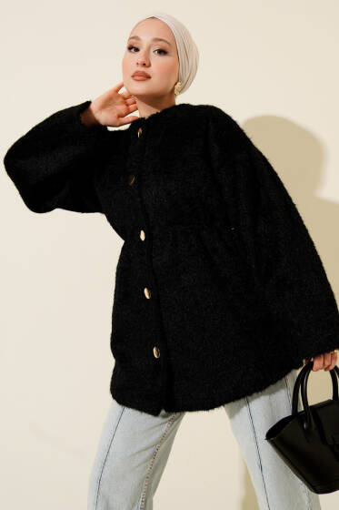 Gold Düğmeli Sakallı Kaban Siyah - Kaban