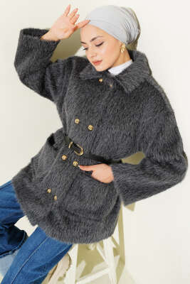 Gold Düğmeli Sakallı Kemerli Ceket Füme - DUFON