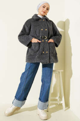 Gold Düğmeli Sakallı Kemerli Ceket Füme - Ceket