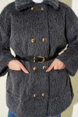 Gold Düğmeli Sakallı Kemerli Ceket Füme - Ceket