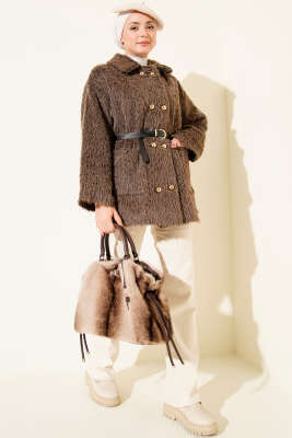 Gold Düğmeli Sakallı Kemerli Ceket Kahve - Ceket