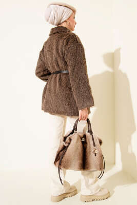 Gold Düğmeli Sakallı Kemerli Ceket Kahve - Ceket